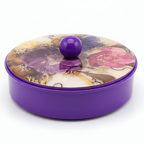 May Flower Decorative Round Purple Candy Box with Elegant Lid for Home & Event Use – 15cm - Al Kabayel Discount CentreMay Flower Decorative Round Purple Candy Box with Elegant Lid for Home & Event Use – 15cmJars & Food SaversMAY FLOWERAl Kabayel Discount Centre