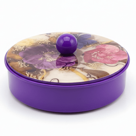 May Flower Decorative Round Purple Candy Box with Elegant Lid for Home & Event Use – 15cm - Al Kabayel Discount CentreMay Flower Decorative Round Purple Candy Box with Elegant Lid for Home & Event Use – 15cmJars & Food SaversMAY FLOWERAl Kabayel Discount Centre