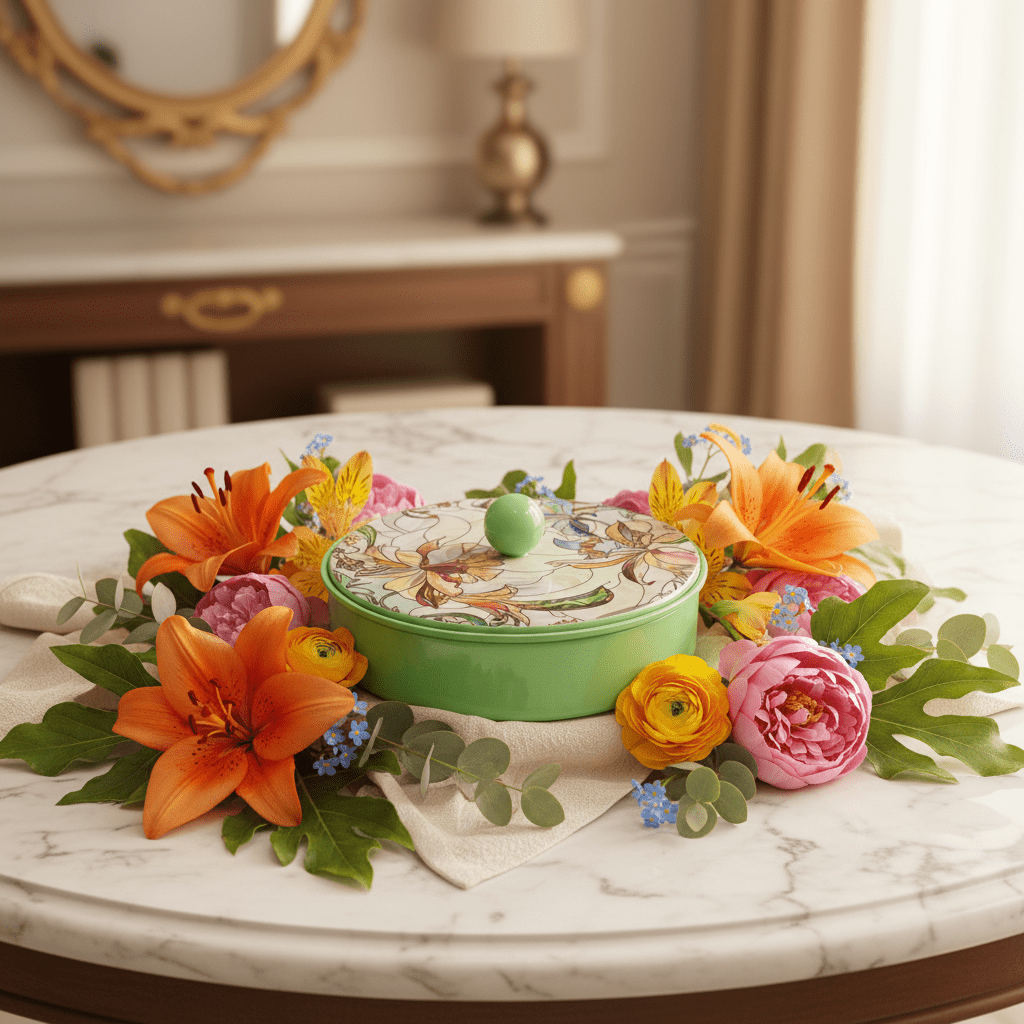 May Flower Elegant Round Green Candy Storage Box with Decorative Lid for Serving & Gifting – 15cm - Al Kabayel Discount CentreMay Flower Elegant Round Green Candy Storage Box with Decorative Lid for Serving & Gifting – 15cmJars & Food SaversMAY FLOWERAl Kabayel Discount Centre