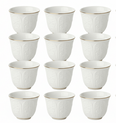 May Flower Elegant White Ceramic Arabic Cawa Coffee Cups Set of 12 with Gold Rim Classic Design Gahwa Finjan 80 ml - Al Kabayel Discount CentreMay Flower Elegant White Ceramic Arabic Cawa Coffee Cups Set of 12 with Gold Rim Classic Design Gahwa Finjan 80 mlTea CupsMAY FLOWERAl Kabayel Discount Centre