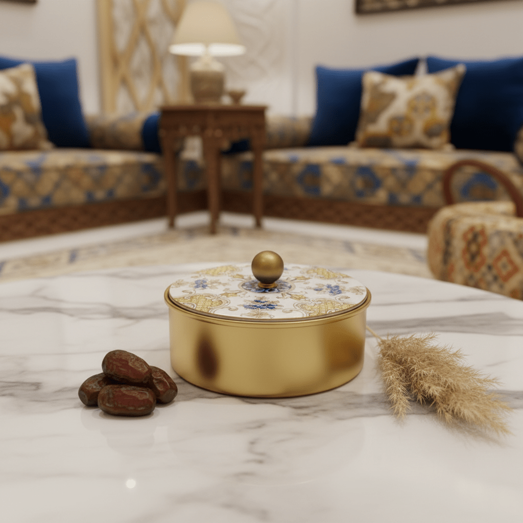 May Flower Luxury Round Gold Candy Box with Decorative Lid for Sweets, Chocolates & Gift Storage – 15cm - Al Kabayel Discount CentreMay Flower Luxury Round Gold Candy Box with Decorative Lid for Sweets, Chocolates & Gift Storage – 15cmJars & Food SaversMAY FLOWERAl Kabayel Discount Centre