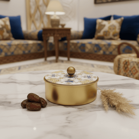 May Flower Luxury Round Gold Candy Box with Decorative Lid for Sweets, Chocolates & Gift Storage – 15cm - Al Kabayel Discount CentreMay Flower Luxury Round Gold Candy Box with Decorative Lid for Sweets, Chocolates & Gift Storage – 15cmJars & Food SaversMAY FLOWERAl Kabayel Discount Centre