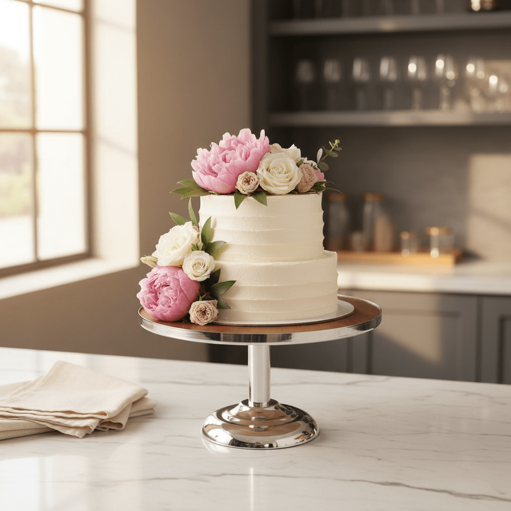 May Flower Round Cake Stand — Acacia Wood & Silver Stainless Steel | 25×15 cm - Al Kabayel Discount CentreMay Flower Round Cake Stand — Acacia Wood & Silver Stainless Steel | 25×15 cmServing TraysMAY FLOWERAl Kabayel Discount Centre