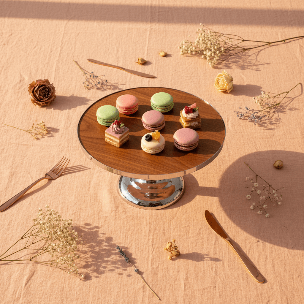 May Flower Round Cake Stand — Acacia Wood & Silver Stainless Steel | 25×15 cm - Al Kabayel Discount CentreMay Flower Round Cake Stand — Acacia Wood & Silver Stainless Steel | 25×15 cmServing TraysMAY FLOWERAl Kabayel Discount Centre