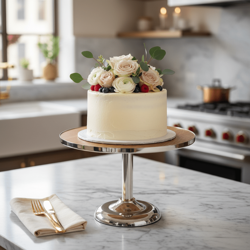 May Flower Round Cake Stand | Wood & Silver Stainless Steel |30×20cm - Al Kabayel Discount CentreMay Flower Round Cake Stand | Wood & Silver Stainless Steel |30×20cmServing TraysMAY FLOWERAl Kabayel Discount Centre