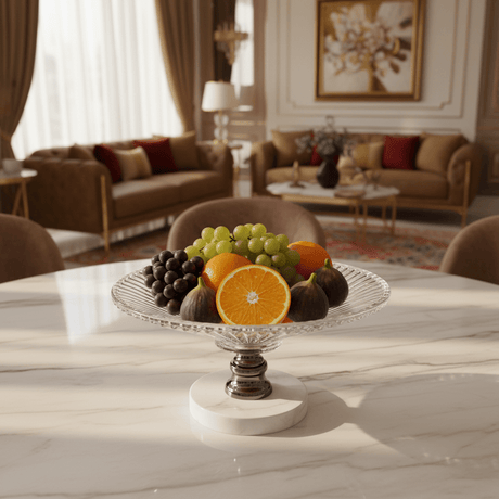 May Flower Round Glass Fruit Bowl with White Marble Base | 20×12 cm - Al Kabayel Discount CentreMay Flower Round Glass Fruit Bowl with White Marble Base | 20×12 cmBowlsMAY FLOWERAl Kabayel Discount Centre