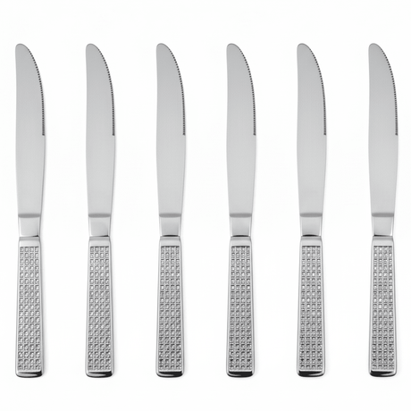 May Flower Stainless Steel Dinner Knife Set (6 pcs) with Diamond Pattern Grip Handle – Premium Cutlery 20 cm - Al Kabayel Discount CentreMay Flower Stainless Steel Dinner Knife Set (6 pcs) with Diamond Pattern Grip Handle – Premium Cutlery 20 cmSpatulas And SpoonsMAY FLOWERAl Kabayel Discount Centre