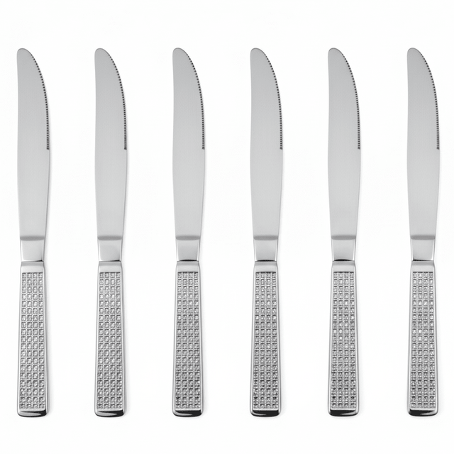 May Flower Stainless Steel Dinner Knife Set (6 pcs) with Diamond Pattern Grip Handle – Premium Cutlery 20 cm - Al Kabayel Discount CentreMay Flower Stainless Steel Dinner Knife Set (6 pcs) with Diamond Pattern Grip Handle – Premium Cutlery 20 cmSpatulas And SpoonsMAY FLOWERAl Kabayel Discount Centre