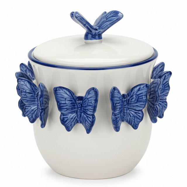 May Flower White Ceramic Candy Pot with Blue Butterfly Design Decorative Storage Jar 20cm - Al Kabayel Discount CentreMay Flower White Ceramic Candy Pot with Blue Butterfly Design Decorative Storage Jar 20cmJars & Food SaversMAY FLOWERAl Kabayel Discount Centre