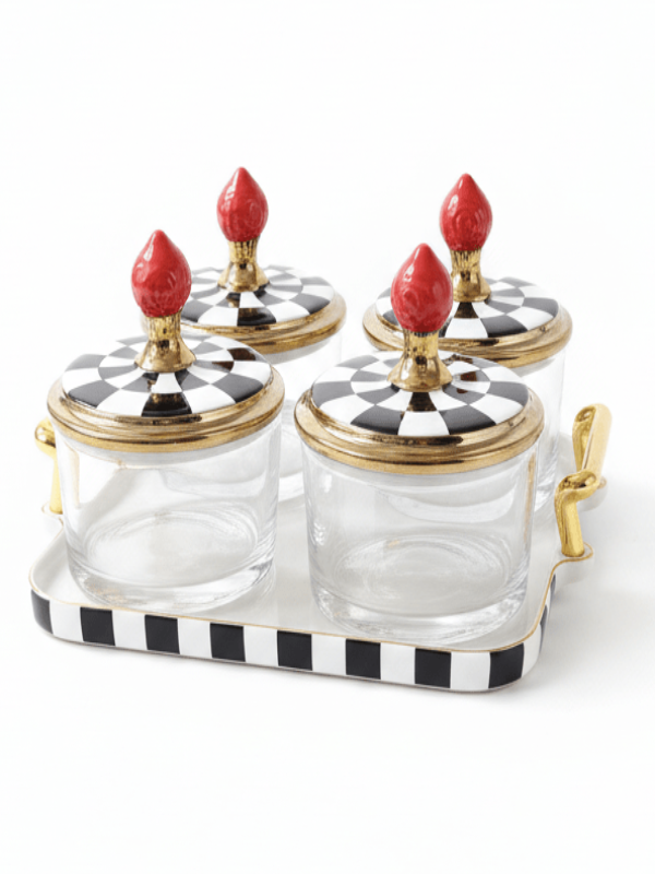 Mayflower Glass & Ceramic Candy Pot Set with Tray – 4 Pieces, Black & White Serving Set (8*10 Cm Per Pot) - Al Kabayel Discount CentreMayflower Glass & Ceramic Candy Pot Set with Tray – 4 Pieces, Black & White Serving Set (8*10 Cm Per Pot)Jars & Food SaversMAYFLOWERAl Kabayel Discount Centre