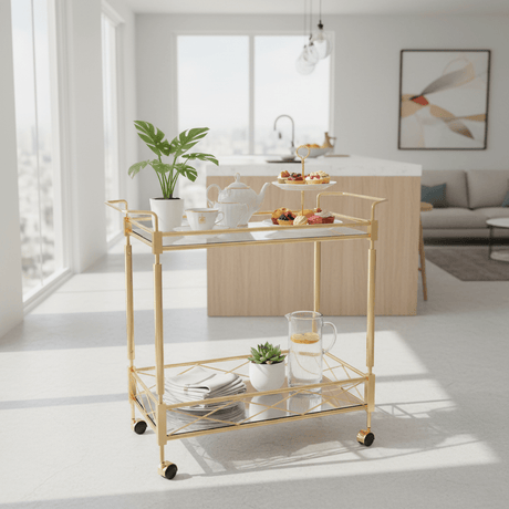 MayFlower 2-Tier Gold Metal & Glass Serving Trolley | Luxury Cart with Diamond Lattice Shelf & Caster Wheels | 70×65×40 cm | - Al Kabayel Discount CentreMayFlower 2-Tier Gold Metal & Glass Serving Trolley | Luxury Cart with Diamond Lattice Shelf & Caster Wheels | 70×65×40 cm |Organizers & AccessoriesMAYFLOWERAl Kabayel Discount Centre