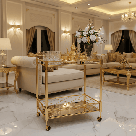 MayFlower 2-Tier Gold Metal & Glass Serving Trolley | Luxury Cart with Diamond Lattice Shelf & Caster Wheels | 70×65×40 cm | - Al Kabayel Discount CentreMayFlower 2-Tier Gold Metal & Glass Serving Trolley | Luxury Cart with Diamond Lattice Shelf & Caster Wheels | 70×65×40 cm |Organizers & AccessoriesMAYFLOWERAl Kabayel Discount Centre