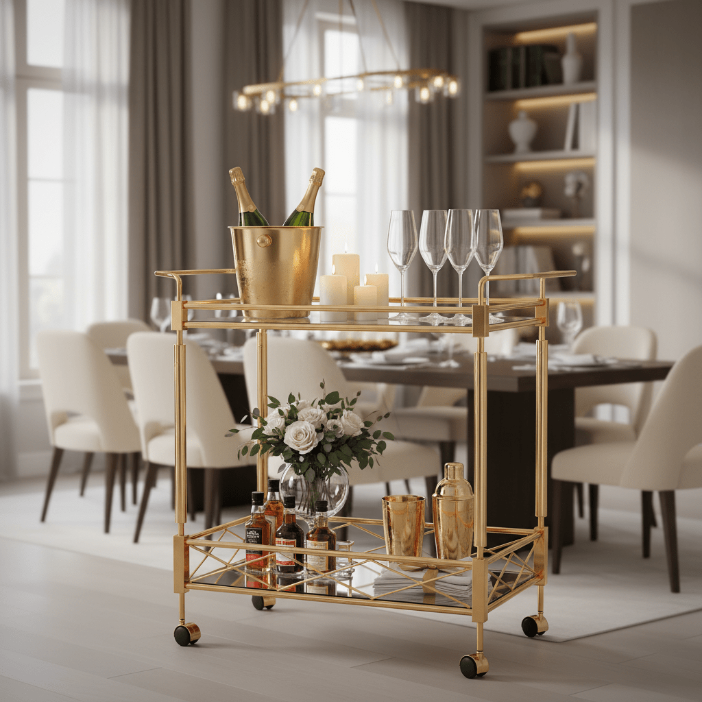 MayFlower 2-Tier Gold Metal & Glass Serving Trolley | Luxury Cart with Diamond Lattice Shelf & Caster Wheels | 70×65×40 cm | - Al Kabayel Discount CentreMayFlower 2-Tier Gold Metal & Glass Serving Trolley | Luxury Cart with Diamond Lattice Shelf & Caster Wheels | 70×65×40 cm |Organizers & AccessoriesMAYFLOWERAl Kabayel Discount Centre