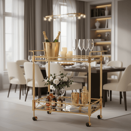 MayFlower 2-Tier Gold Metal & Glass Serving Trolley | Luxury Cart with Diamond Lattice Shelf & Caster Wheels | 70×65×40 cm | - Al Kabayel Discount CentreMayFlower 2-Tier Gold Metal & Glass Serving Trolley | Luxury Cart with Diamond Lattice Shelf & Caster Wheels | 70×65×40 cm |Organizers & AccessoriesMAYFLOWERAl Kabayel Discount Centre