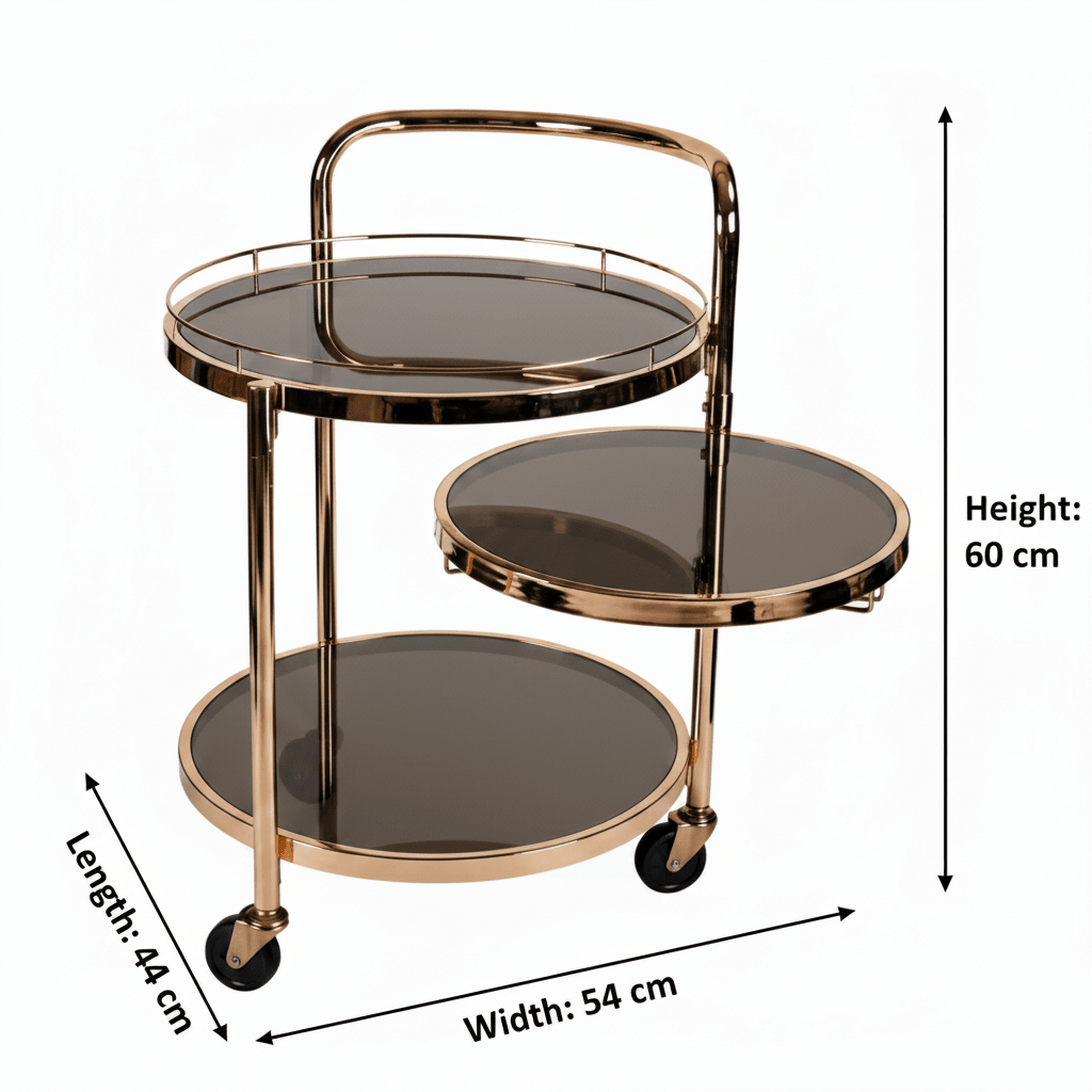 MayFlower 3-Tier Rose Gold Metal & Smoked Glass Serving Trolley with Castor Wheels | Luxury Cart for Living Room, Majlis & Dining | 60×54×44 cm | - Al Kabayel Discount CentreMayFlower 3-Tier Rose Gold Metal & Smoked Glass Serving Trolley with Castor Wheels | Luxury Cart for Living Room, Majlis & Dining | 60×54×44 cm |Organizers & AccessoriesMAYFLOWERAl Kabayel Discount Centre