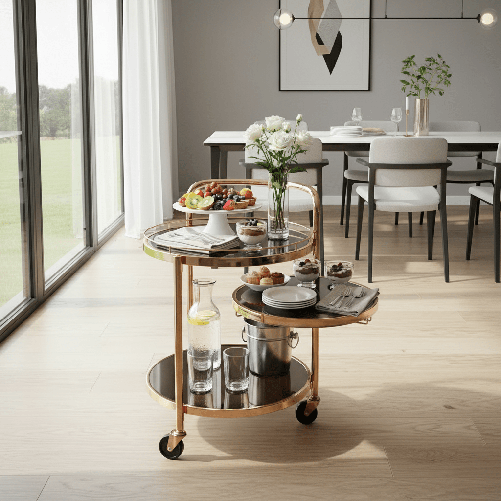 MayFlower 3-Tier Rose Gold Metal & Smoked Glass Serving Trolley with Castor Wheels | Luxury Cart for Living Room, Majlis & Dining | 60×54×44 cm | - Al Kabayel Discount CentreMayFlower 3-Tier Rose Gold Metal & Smoked Glass Serving Trolley with Castor Wheels | Luxury Cart for Living Room, Majlis & Dining | 60×54×44 cm |Organizers & AccessoriesMAYFLOWERAl Kabayel Discount Centre