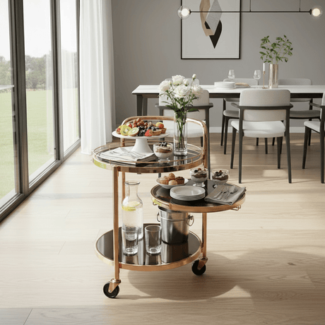 MayFlower 3-Tier Rose Gold Metal & Smoked Glass Serving Trolley with Castor Wheels | Luxury Cart for Living Room, Majlis & Dining | 60×54×44 cm | - Al Kabayel Discount CentreMayFlower 3-Tier Rose Gold Metal & Smoked Glass Serving Trolley with Castor Wheels | Luxury Cart for Living Room, Majlis & Dining | 60×54×44 cm |Organizers & AccessoriesMAYFLOWERAl Kabayel Discount Centre