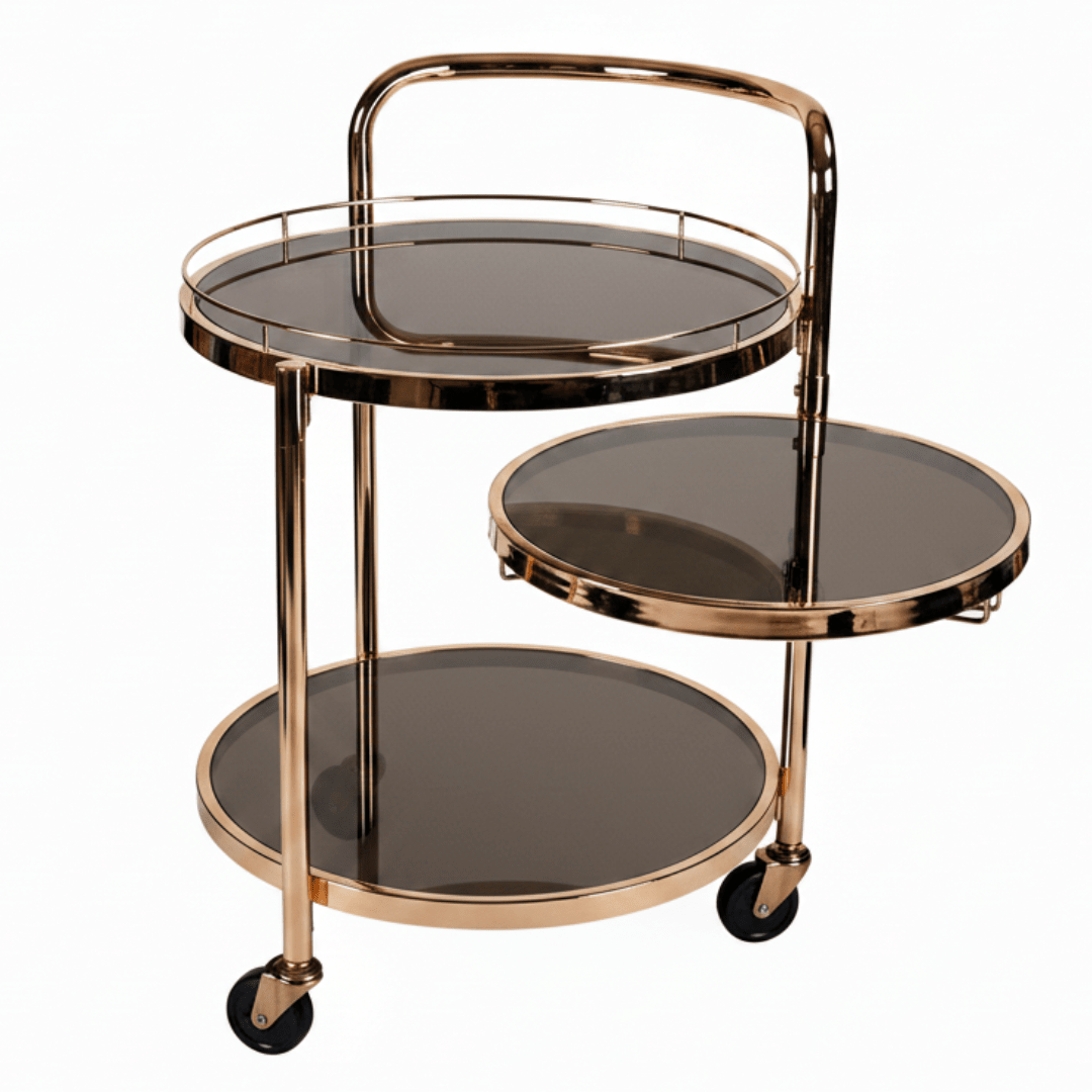MayFlower 3-Tier Rose Gold Metal & Smoked Glass Serving Trolley with Castor Wheels | Luxury Cart for Living Room, Majlis & Dining | 60×54×44 cm | - Al Kabayel Discount CentreMayFlower 3-Tier Rose Gold Metal & Smoked Glass Serving Trolley with Castor Wheels | Luxury Cart for Living Room, Majlis & Dining | 60×54×44 cm |Organizers & AccessoriesMAYFLOWERAl Kabayel Discount Centre