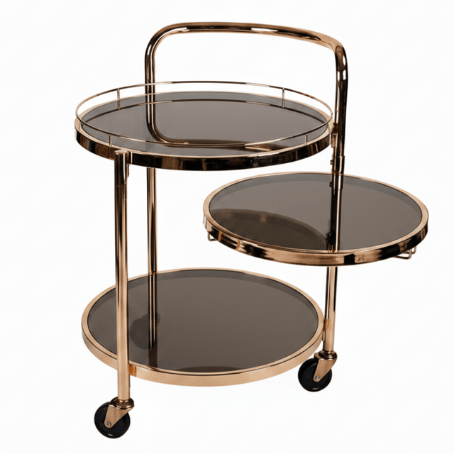 MayFlower 3-Tier Rose Gold Metal & Smoked Glass Serving Trolley with Castor Wheels | Luxury Cart for Living Room, Majlis & Dining | 60×54×44 cm | - Al Kabayel Discount CentreMayFlower 3-Tier Rose Gold Metal & Smoked Glass Serving Trolley with Castor Wheels | Luxury Cart for Living Room, Majlis & Dining | 60×54×44 cm |Organizers & AccessoriesMAYFLOWERAl Kabayel Discount Centre