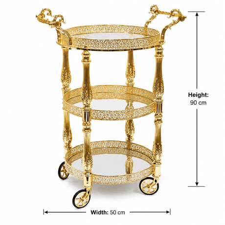 MayFlower 3-Tier Round Gold Metal & Glass Serving Trolley with Ornate Filigree Design and Caster Wheels – 90×50cm | Luxury Hospitality & Majlis Tea Cart | - Al Kabayel Discount CentreMayFlower 3-Tier Round Gold Metal & Glass Serving Trolley with Ornate Filigree Design and Caster Wheels – 90×50cm | Luxury Hospitality & Majlis Tea Cart |Organizers & AccessoriesMAYFLOWERAl Kabayel Discount Centre