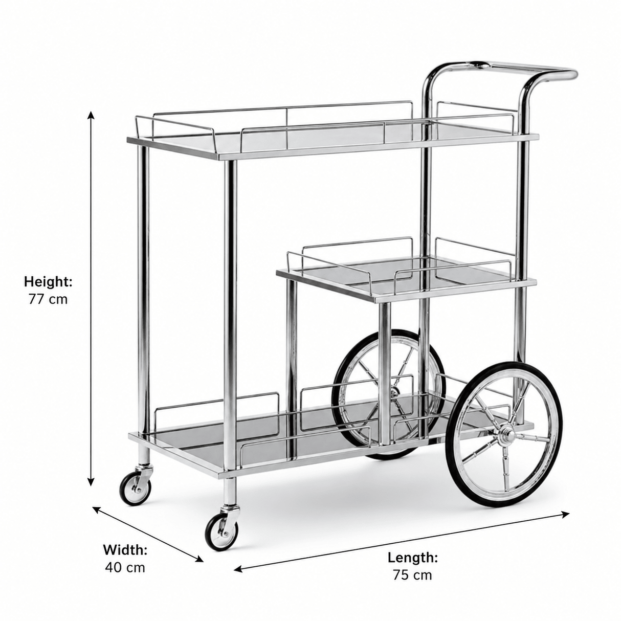 MayFlower 3-Tier Silver Chrome Metal & Clear Glass Serving Trolley Bar Cart | Rolling Hospitality Cart with Spoked Wheels | 77cm × 75cm × 40cm | - Al Kabayel Discount CentreMayFlower 3-Tier Silver Chrome Metal & Clear Glass Serving Trolley Bar Cart | Rolling Hospitality Cart with Spoked Wheels | 77cm × 75cm × 40cm |Organizers & AccessoriesMAYFLOWERAl Kabayel Discount Centre