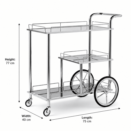 MayFlower 3-Tier Silver Chrome Metal & Clear Glass Serving Trolley Bar Cart | Rolling Hospitality Cart with Spoked Wheels | 77cm × 75cm × 40cm | - Al Kabayel Discount CentreMayFlower 3-Tier Silver Chrome Metal & Clear Glass Serving Trolley Bar Cart | Rolling Hospitality Cart with Spoked Wheels | 77cm × 75cm × 40cm |Organizers & AccessoriesMAYFLOWERAl Kabayel Discount Centre