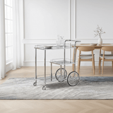 MayFlower 3-Tier Silver Chrome Metal & Clear Glass Serving Trolley Bar Cart | Rolling Hospitality Cart with Spoked Wheels | 77cm × 75cm × 40cm | - Al Kabayel Discount CentreMayFlower 3-Tier Silver Chrome Metal & Clear Glass Serving Trolley Bar Cart | Rolling Hospitality Cart with Spoked Wheels | 77cm × 75cm × 40cm |Organizers & AccessoriesMAYFLOWERAl Kabayel Discount Centre