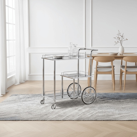 MayFlower 3-Tier Silver Chrome Metal & Clear Glass Serving Trolley Bar Cart | Rolling Hospitality Cart with Spoked Wheels | 77cm × 75cm × 40cm | - Al Kabayel Discount CentreMayFlower 3-Tier Silver Chrome Metal & Clear Glass Serving Trolley Bar Cart | Rolling Hospitality Cart with Spoked Wheels | 77cm × 75cm × 40cm |Organizers & AccessoriesMAYFLOWERAl Kabayel Discount Centre