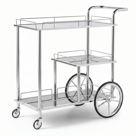 MayFlower 3-Tier Silver Chrome Metal & Clear Glass Serving Trolley Bar Cart | Rolling Hospitality Cart with Spoked Wheels | 77cm × 75cm × 40cm | - Al Kabayel Discount CentreMayFlower 3-Tier Silver Chrome Metal & Clear Glass Serving Trolley Bar Cart | Rolling Hospitality Cart with Spoked Wheels | 77cm × 75cm × 40cm |Organizers & AccessoriesMAYFLOWERAl Kabayel Discount Centre