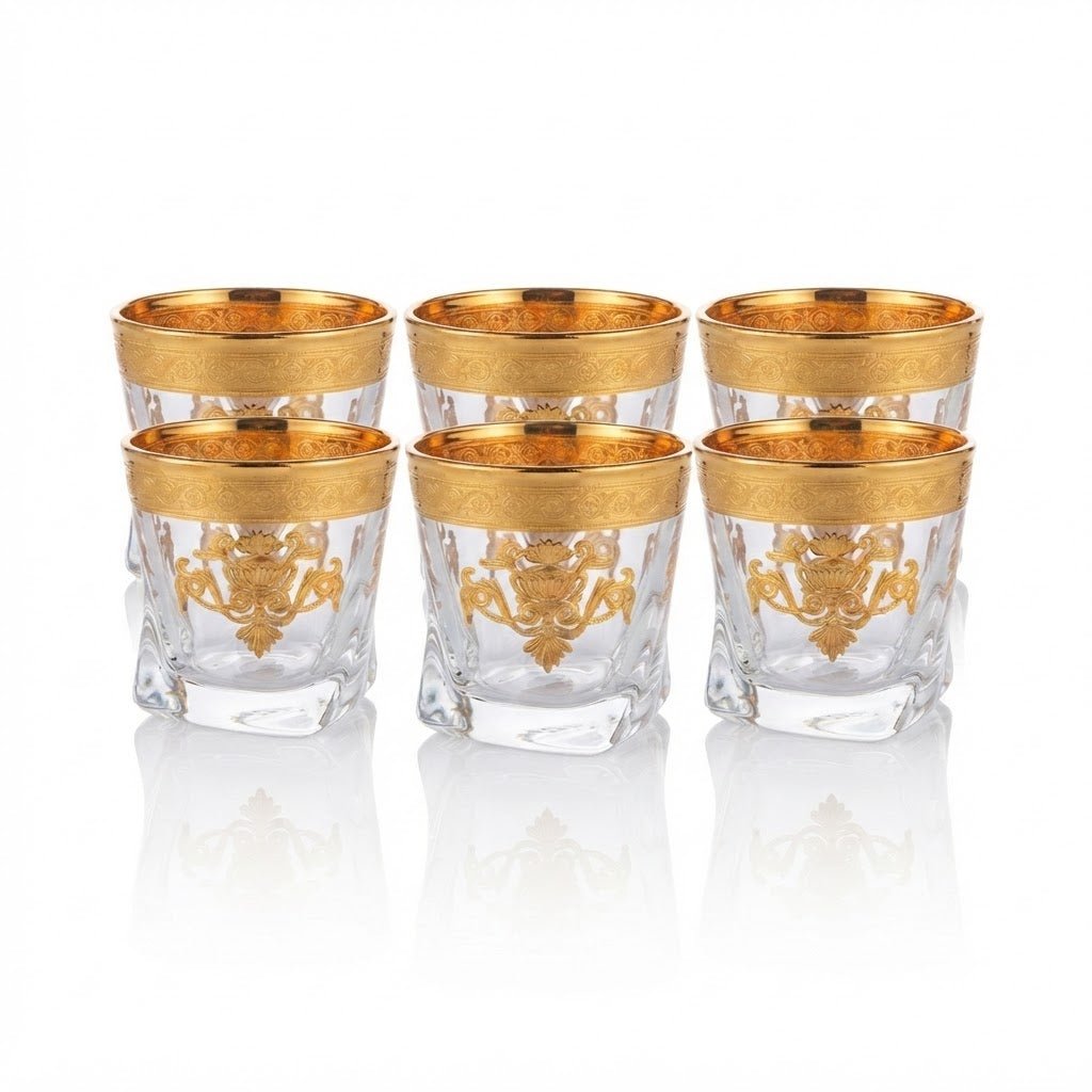 Mayflower 7 Pcs Crystal Glass Decanter Set – 1 Decanter & 6 Glasses - Gold Baroque Motif - Al Kabayel Discount CentreMayflower 7 Pcs Crystal Glass Decanter Set – 1 Decanter & 6 Glasses - Gold Baroque MotifDrinkware SetsMAYFLOWERAl Kabayel Discount Centre