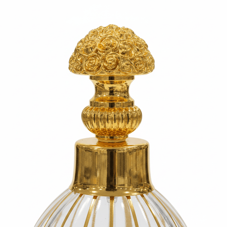 Mayflower Glass Perfume Bottle With Gold Filigree Rose Cap – 200ml - Al Kabayel Discount CentreMayflower Glass Perfume Bottle With Gold Filigree Rose Cap – 200mlPerfume BottlesMAYFLOWERAl Kabayel Discount Centre