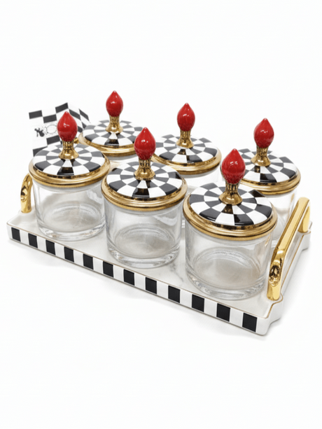 Mayflower Glass & Ceramic Candy Pot Set with Tray – 6 Pieces, Black & White Luxury Serving Set (8*10 Cm Per Pot) - Al Kabayel Discount CentreMayflower Glass & Ceramic Candy Pot Set with Tray – 6 Pieces, Black & White Luxury Serving Set (8*10 Cm Per Pot)Jars & Food SaversMAYFLOWERAl Kabayel Discount Centre