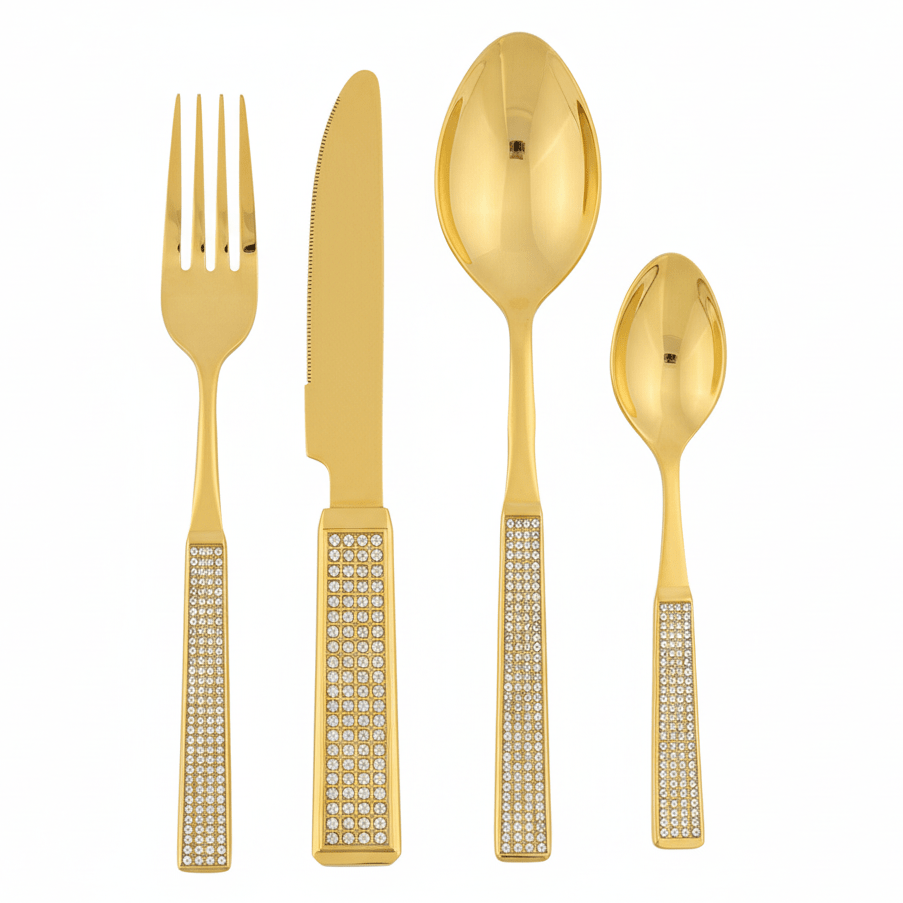 MayFlower Stainless Steel Gold Diamond Pattern Handle Spoon and Fork Set Complete Dining Cutlery Set for Home and Events – 24 Pieces - Al Kabayel Discount CentreMayFlower Stainless Steel Gold Diamond Pattern Handle Spoon and Fork Set Complete Dining Cutlery Set for Home and Events – 24 PiecesSpatulas And SpoonsMAYFLOWERAl Kabayel Discount Centre