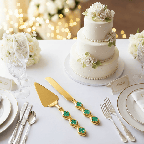 MayFlower Stainless Steel Gold Green Floral Handle Cake Server Knife Set Elegant Cake Cutting Set for Weddings and Celebrations – 2 Pieces 28 cm - Al Kabayel Discount CentreMayFlower Stainless Steel Gold Green Floral Handle Cake Server Knife Set Elegant Cake Cutting Set for Weddings and Celebrations – 2 Pieces 28 cmKnife & Knife SetsMAYFLOWERAl Kabayel Discount Centre