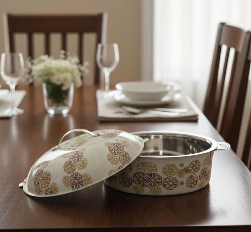 MayFlower Stainless Steel Hot Pot 5000ml – White with Gold & Brown Floral Design, Elegant Food Warmer - Al Kabayel Discount CentreMayFlower Stainless Steel Hot Pot 5000ml – White with Gold & Brown Floral Design, Elegant Food WarmerCasserolesMAYFLOWERAl Kabayel Discount Centre