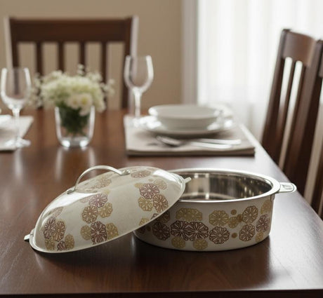 MayFlower Stainless Steel Hot Pot 5000ml – White with Gold & Brown Floral Design, Elegant Food Warmer - Al Kabayel Discount CentreMayFlower Stainless Steel Hot Pot 5000ml – White with Gold & Brown Floral Design, Elegant Food WarmerCasserolesMAYFLOWERAl Kabayel Discount Centre