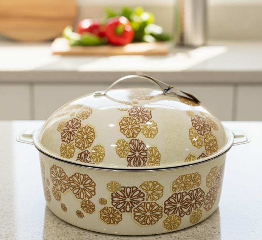 MayFlower Stainless Steel Hot Pot 5000ml – White with Gold & Brown Floral Design, Elegant Food Warmer - Al Kabayel Discount CentreMayFlower Stainless Steel Hot Pot 5000ml – White with Gold & Brown Floral Design, Elegant Food WarmerCasserolesMAYFLOWERAl Kabayel Discount Centre