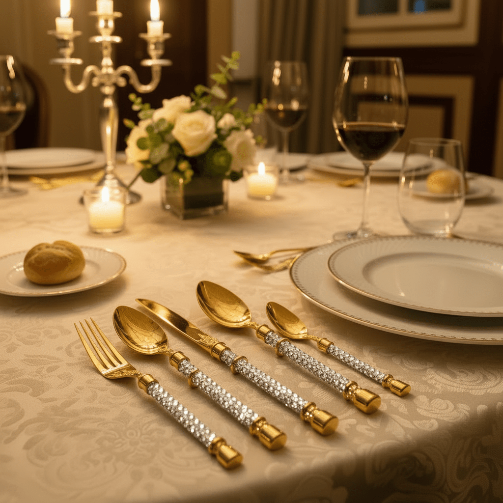 MayFlower Stainless Steel Premium Gold Diamond Handle Full Cutlery Set Luxury Tableware Set for Dining and Gifting – 24 Pieces - Al Kabayel Discount CentreMayFlower Stainless Steel Premium Gold Diamond Handle Full Cutlery Set Luxury Tableware Set for Dining and Gifting – 24 PiecesSpatulas And SpoonsMAYFLOWERAl Kabayel Discount Centre