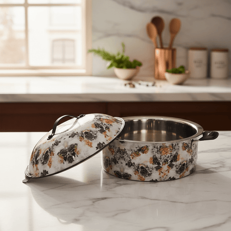 MayFlower Stainless Steel Thermal Hot Pot 3.5L – White with Black Flower Design - Al Kabayel Discount CentreMayFlower Stainless Steel Thermal Hot Pot 3.5L – White with Black Flower DesignCasserolesMAYFLOWERAl Kabayel Discount Centre