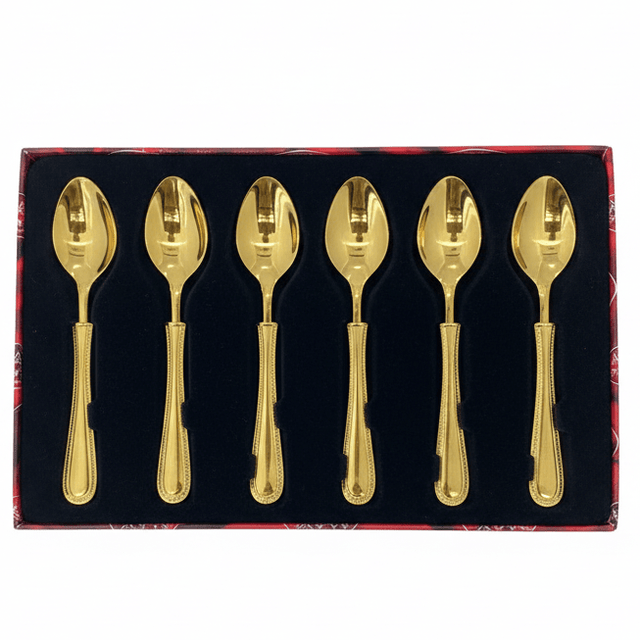 MayFlower Stainless Steel Tinted Gold Spoon Set of 6 Pieces Elegant Teaspoon Set for Coffee, Tea and Desserts – 15 cm - Al Kabayel Discount CentreMayFlower Stainless Steel Tinted Gold Spoon Set of 6 Pieces Elegant Teaspoon Set for Coffee, Tea and Desserts – 15 cmSpatulas And SpoonsMAYFLOWERAl Kabayel Discount Centre