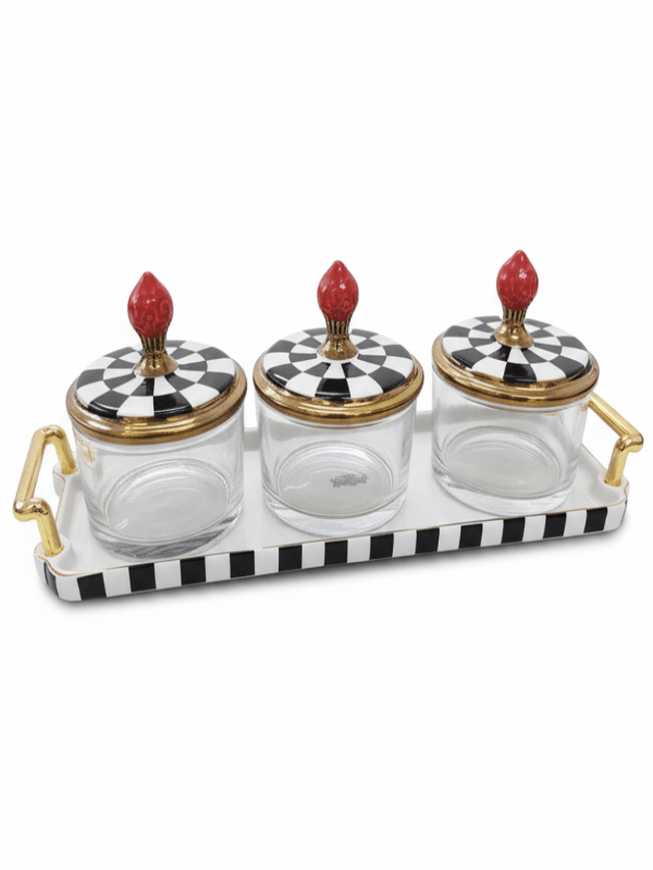 Mayflower Glass & Ceramic Candy Pot Set with Tray – 3 Pieces, Black & White Snack Serving Set (8*10 Cm Per Pot) - Al Kabayel Discount CentreMayflower Glass & Ceramic Candy Pot Set with Tray – 3 Pieces, Black & White Snack Serving Set (8*10 Cm Per Pot)Jars & Food SaversMAYFLOWERAl Kabayel Discount Centre