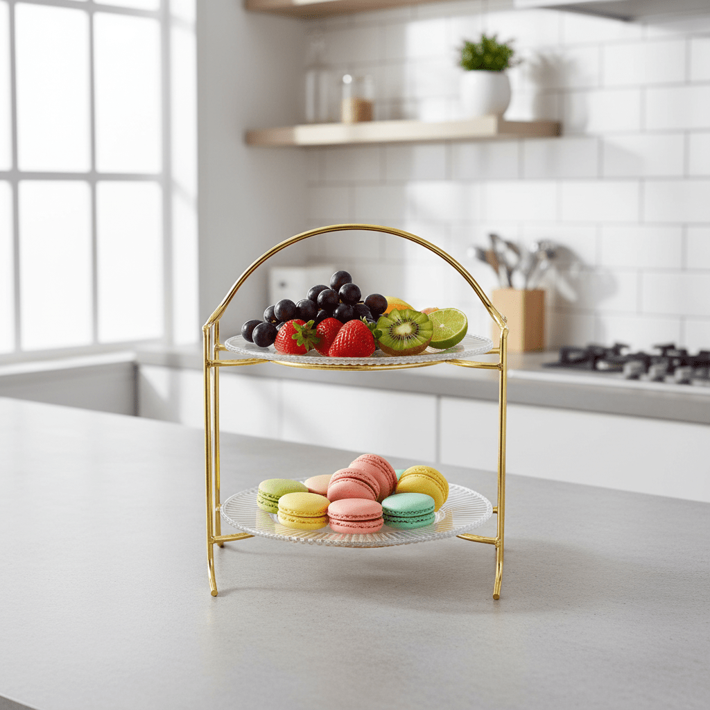 Meera 2-Tier Round Glass & Gold Metal Candy Tray | Elegant Serving Stand for Sweets, Dates & Desserts | 23×30 cm | Majlis & Home Entertaining - Al Kabayel Discount CentreMeera 2-Tier Round Glass & Gold Metal Candy Tray | Elegant Serving Stand for Sweets, Dates & Desserts | 23×30 cm | Majlis & Home EntertainingServing TrayMEERAAl Kabayel Discount Centre