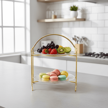 Meera 2-Tier Round Glass & Gold Metal Candy Tray | Elegant Serving Stand for Sweets, Dates & Desserts | 23×30 cm | Majlis & Home Entertaining - Al Kabayel Discount CentreMeera 2-Tier Round Glass & Gold Metal Candy Tray | Elegant Serving Stand for Sweets, Dates & Desserts | 23×30 cm | Majlis & Home EntertainingServing TrayMEERAAl Kabayel Discount Centre