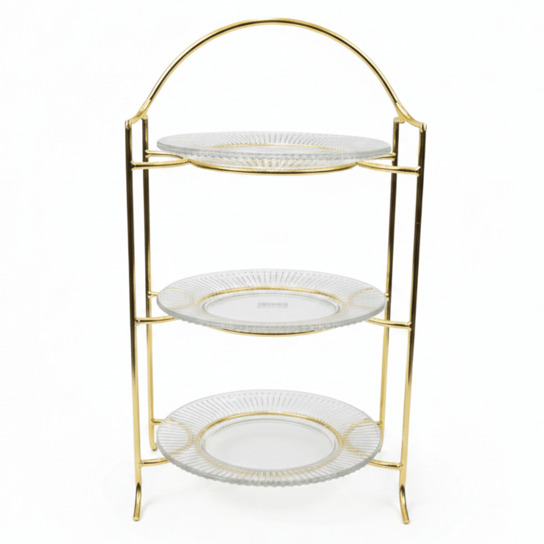 Meera 3-Tier Round Glass & Gold Metal Candy Serving Tray Stand | Elegant Dessert Display Tower for Sweets, Dates & Pastries | 23×50 cm | - Al Kabayel Discount CentreMeera 3-Tier Round Glass & Gold Metal Candy Serving Tray Stand | Elegant Dessert Display Tower for Sweets, Dates & Pastries | 23×50 cm |Serving TrayMEERAAl Kabayel Discount Centre