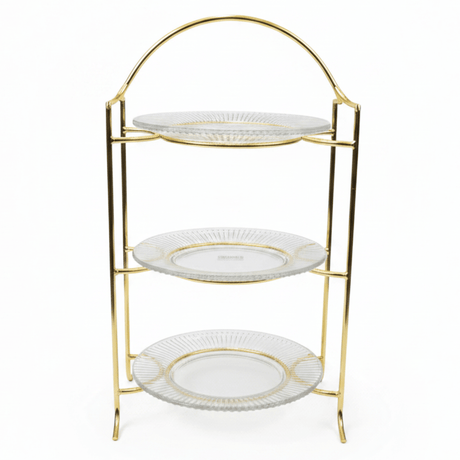 Meera 3-Tier Round Glass & Gold Metal Candy Serving Tray Stand | Elegant Dessert Display Tower for Sweets, Dates & Pastries | 23×50 cm | - Al Kabayel Discount CentreMeera 3-Tier Round Glass & Gold Metal Candy Serving Tray Stand | Elegant Dessert Display Tower for Sweets, Dates & Pastries | 23×50 cm |Serving TrayMEERAAl Kabayel Discount Centre