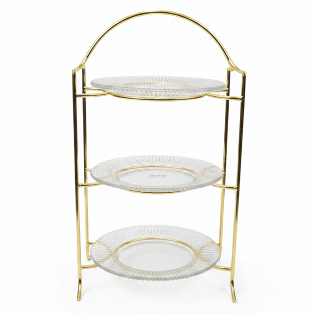 Meera 3-Tier Round Glass & Gold Metal Candy Serving Tray Stand | Elegant Dessert Display Tower for Sweets, Dates & Pastries | 23×50 cm | - Al Kabayel Discount CentreMeera 3-Tier Round Glass & Gold Metal Candy Serving Tray Stand | Elegant Dessert Display Tower for Sweets, Dates & Pastries | 23×50 cm |Serving TrayMEERAAl Kabayel Discount Centre