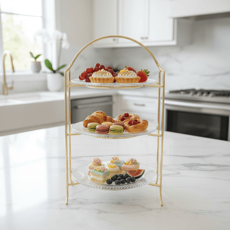 Meera 3-Tier Round Glass & Gold Metal Candy Serving Tray Stand | Elegant Dessert Display Tower for Sweets, Dates & Pastries | 23×50 cm | - Al Kabayel Discount CentreMeera 3-Tier Round Glass & Gold Metal Candy Serving Tray Stand | Elegant Dessert Display Tower for Sweets, Dates & Pastries | 23×50 cm |Serving TrayMEERAAl Kabayel Discount Centre