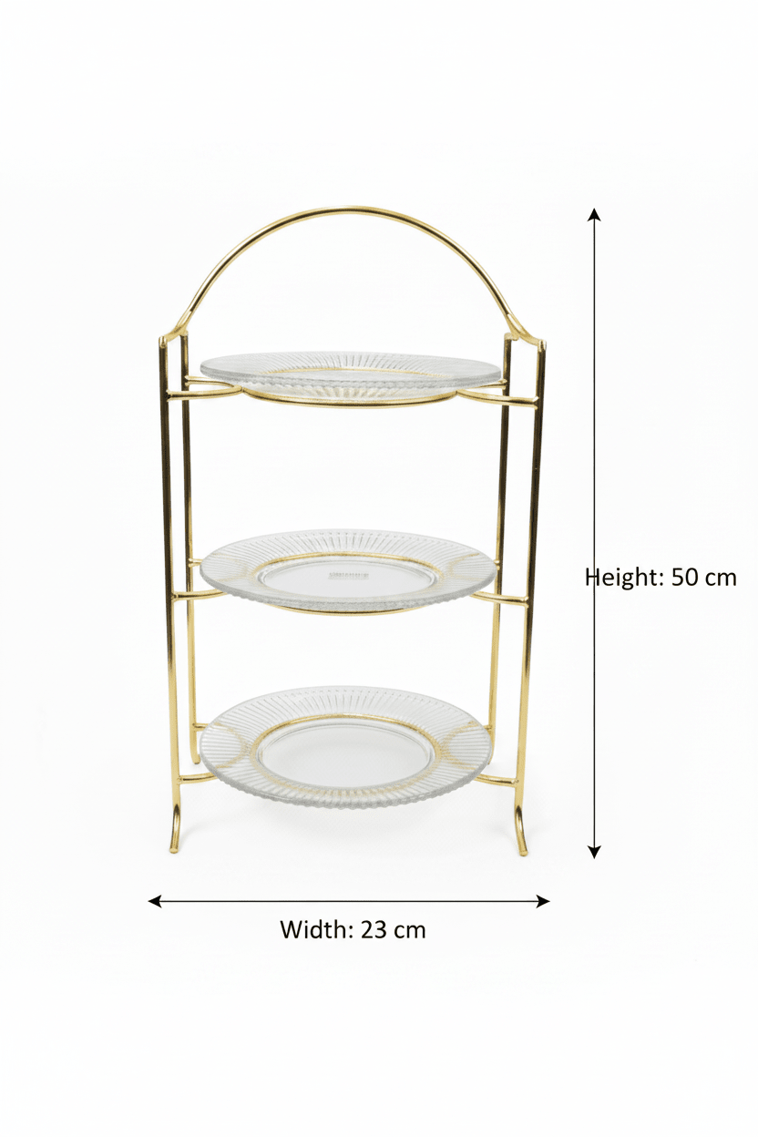 Meera 3-Tier Round Glass & Gold Metal Candy Serving Tray Stand | Elegant Dessert Display Tower for Sweets, Dates & Pastries | 23×50 cm | - Al Kabayel Discount CentreMeera 3-Tier Round Glass & Gold Metal Candy Serving Tray Stand | Elegant Dessert Display Tower for Sweets, Dates & Pastries | 23×50 cm |Serving TrayMEERAAl Kabayel Discount Centre