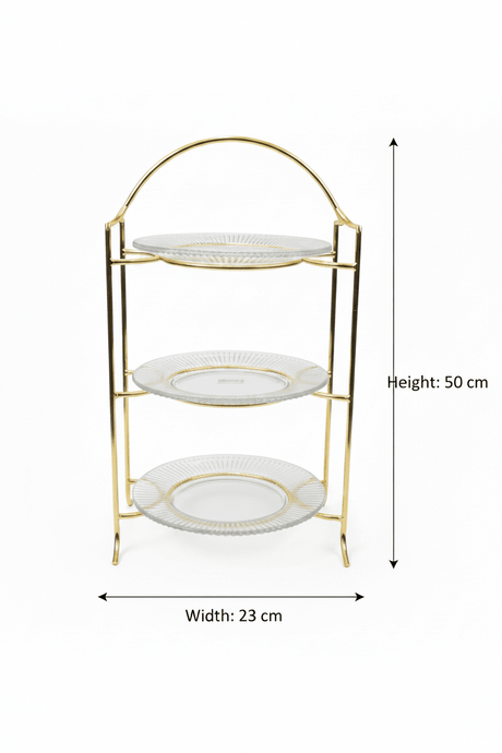 Meera 3-Tier Round Glass & Gold Metal Candy Serving Tray Stand | Elegant Dessert Display Tower for Sweets, Dates & Pastries | 23×50 cm | - Al Kabayel Discount CentreMeera 3-Tier Round Glass & Gold Metal Candy Serving Tray Stand | Elegant Dessert Display Tower for Sweets, Dates & Pastries | 23×50 cm |Serving TrayMEERAAl Kabayel Discount Centre