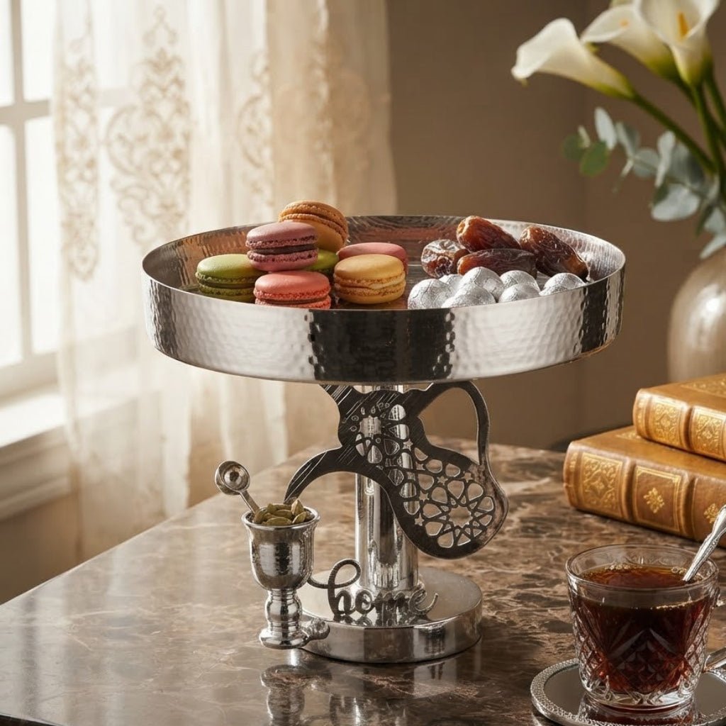 Metal Footed Candy Tray With Arabic Dallah & Oud Design – 20×25 cm - Gold / Silver - Al Kabayel Discount CentreMetal Footed Candy Tray With Arabic Dallah & Oud Design – 20×25 cm - Gold / SilverServing TraysAKDCAl Kabayel Discount Centre